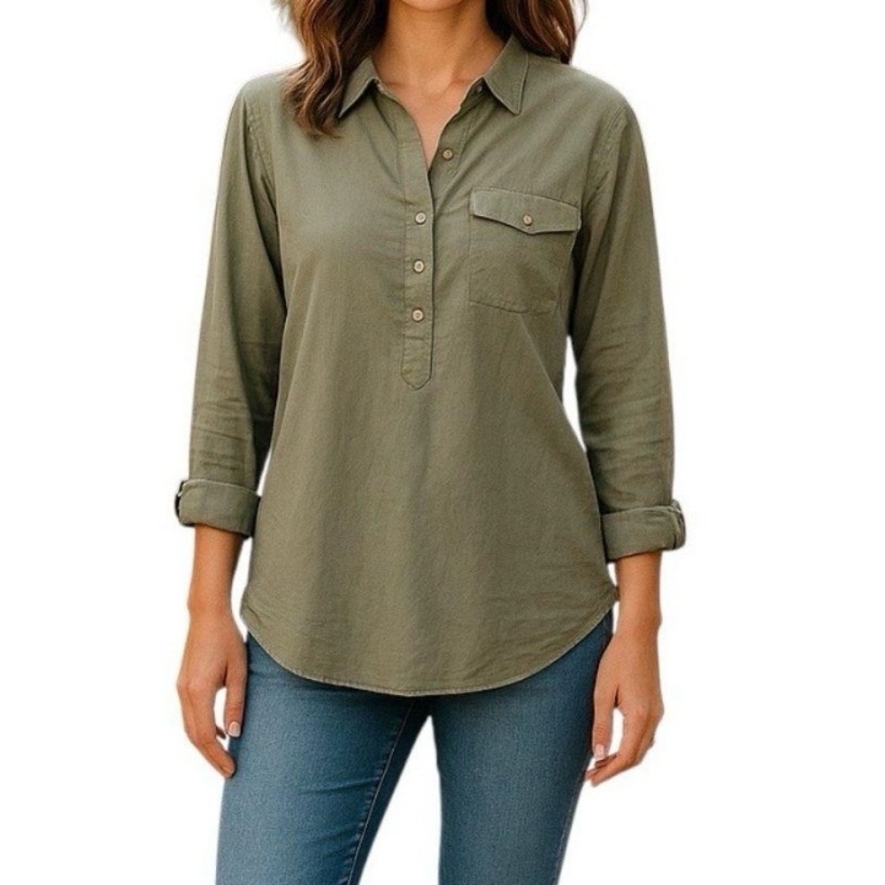 J Crew Olive Green Button-Front Women's Tunic Top